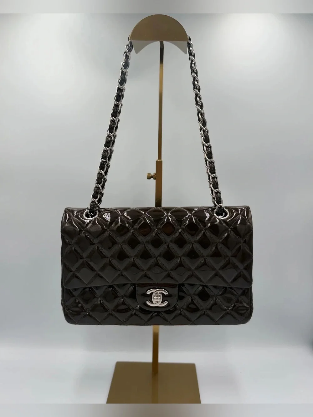Chanel Classic Medium Double Flap — Dark Brown Patent Silver HW